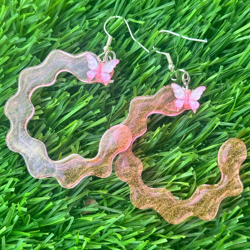 Pink Butterfly Funky Hoop Earrings